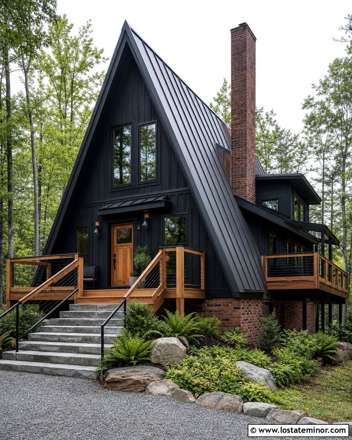 Jet Black A Frame House With Brick Foundation - 30 Jet Black House Design With Brick Accents Ideas