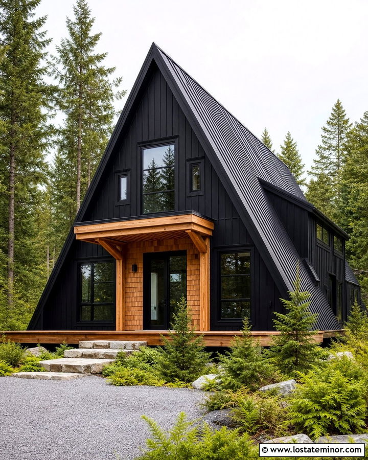 Jet Black A Frame House With Cedar Shake Entry - 30 Jet Black House Design With Cedar Shake Ideas