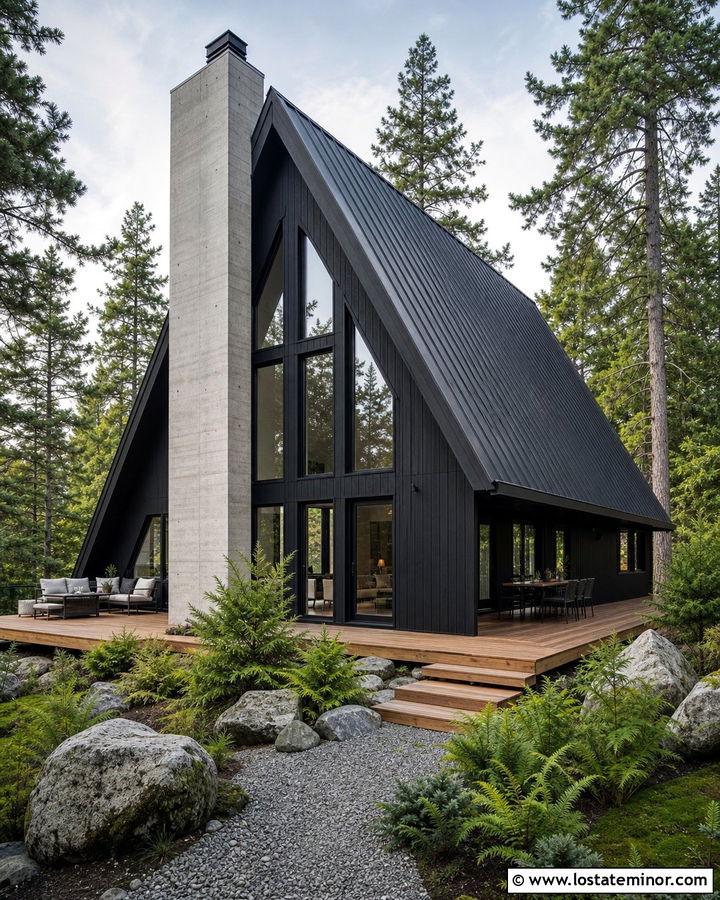 Jet Black A Frame House With Concrete Chimney - 30 Jet Black House Design With Chimney Ideas