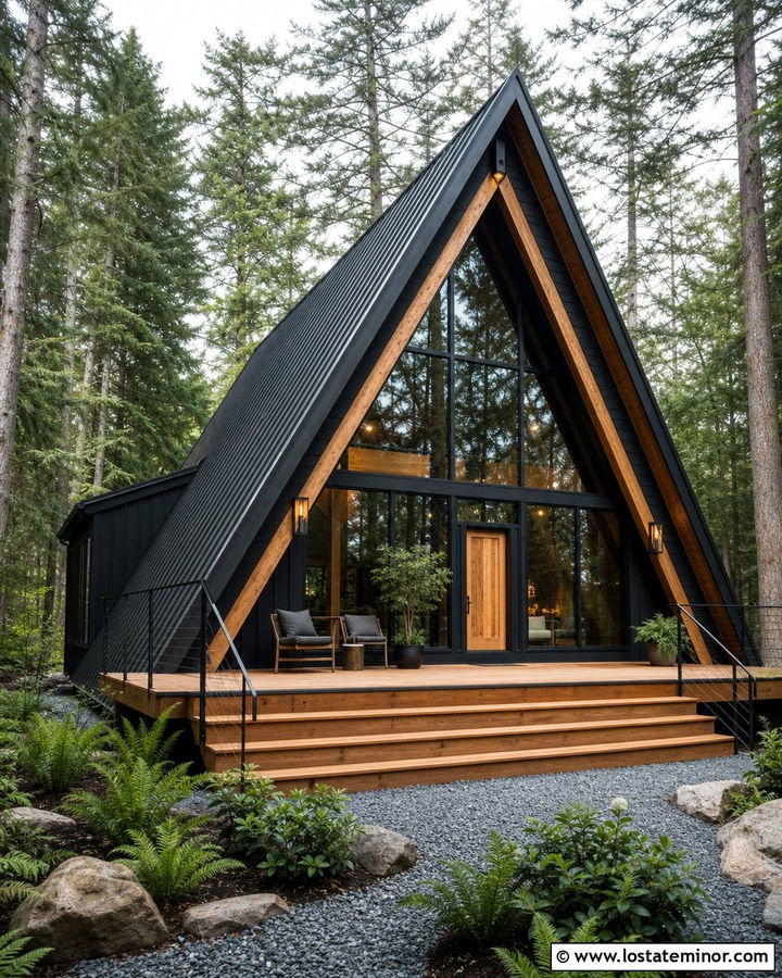 Jet Black A Frame House With Front Deck - 30 Jet Black House Design With Deck Ideas