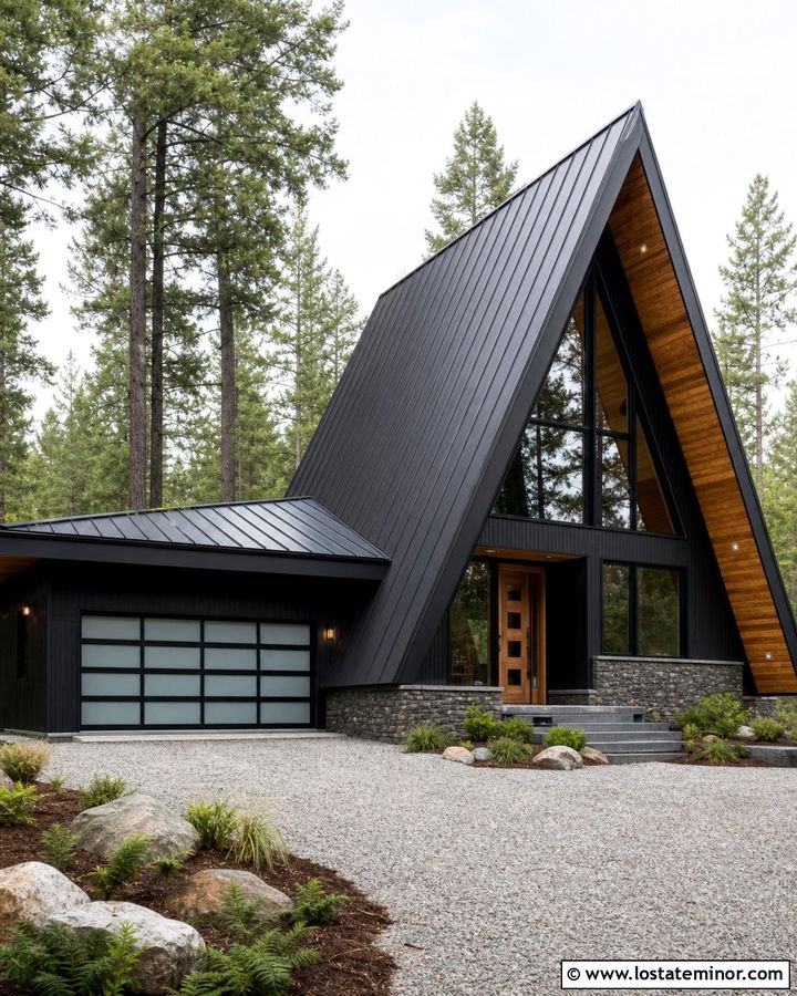 Jet Black A Frame House With Glass Garage Door - 30 Jet Black House Design With Garage Door Ideas
