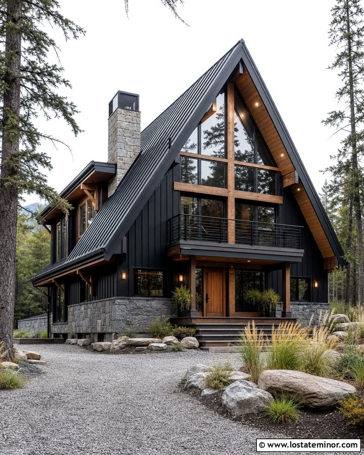 Jet Black A Frame House With Granite Wainscoting - 30 Jet Black House Design With Wainscoting Ideas