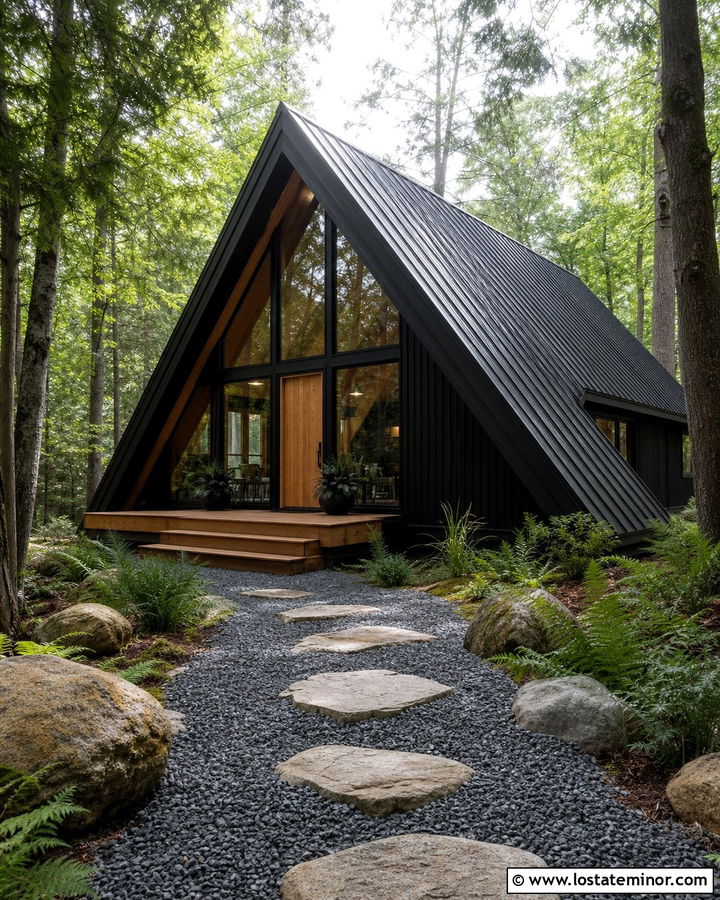 Jet Black A Frame House With Gravel Walkway - 30 Jet Black House Design With Walkway Ideas