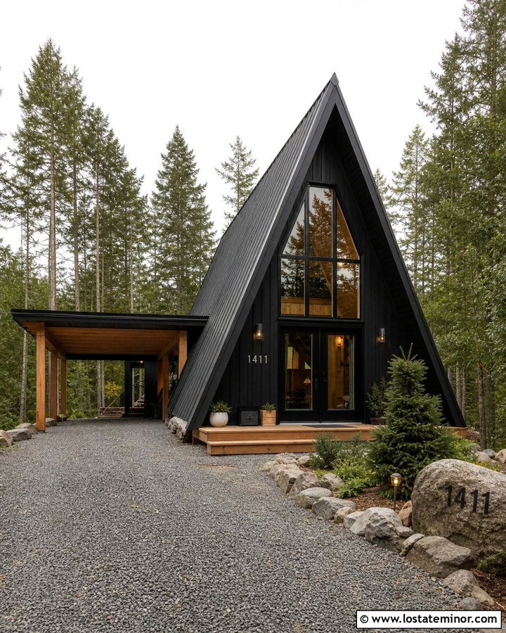 Jet Black A Frame House With Open Carport - 30 Jet Black House Design With Carport Ideas