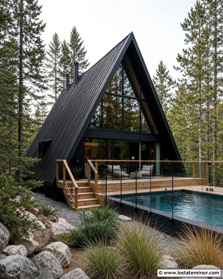 Jet Black A Frame House With Plunge Pool - 30 Jet Black House Design With Swimming Pool Ideas