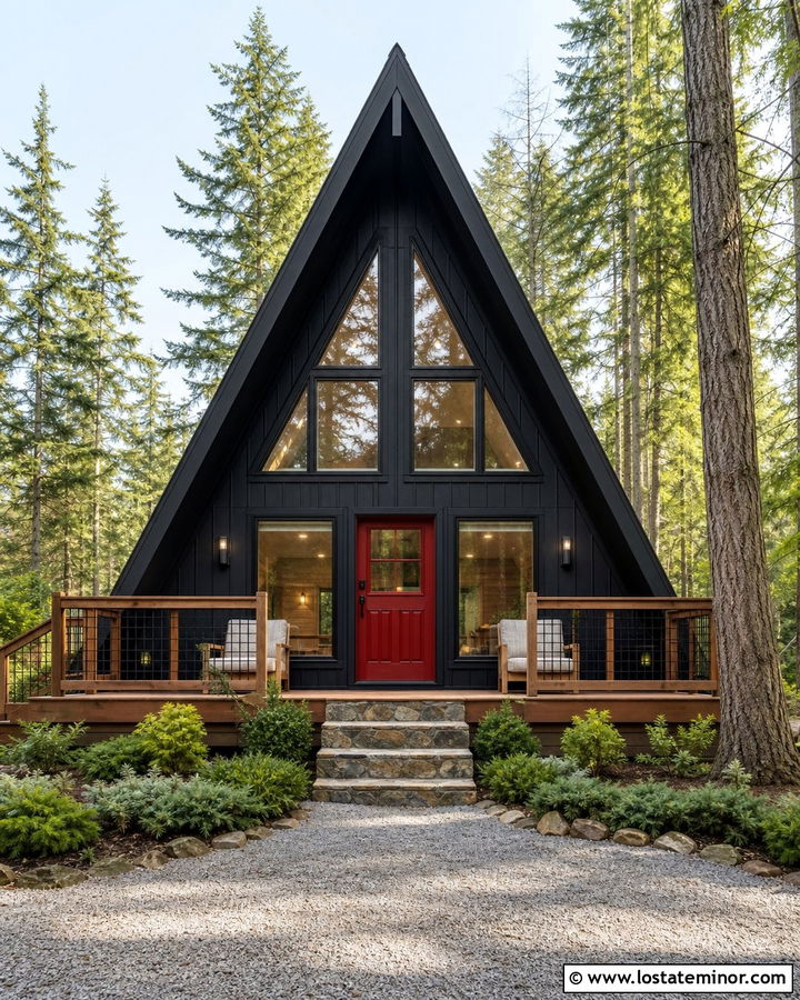 Jet Black A Frame House With Red Dutch Door - 30 Jet Black House Design With Dutch Door Ideas