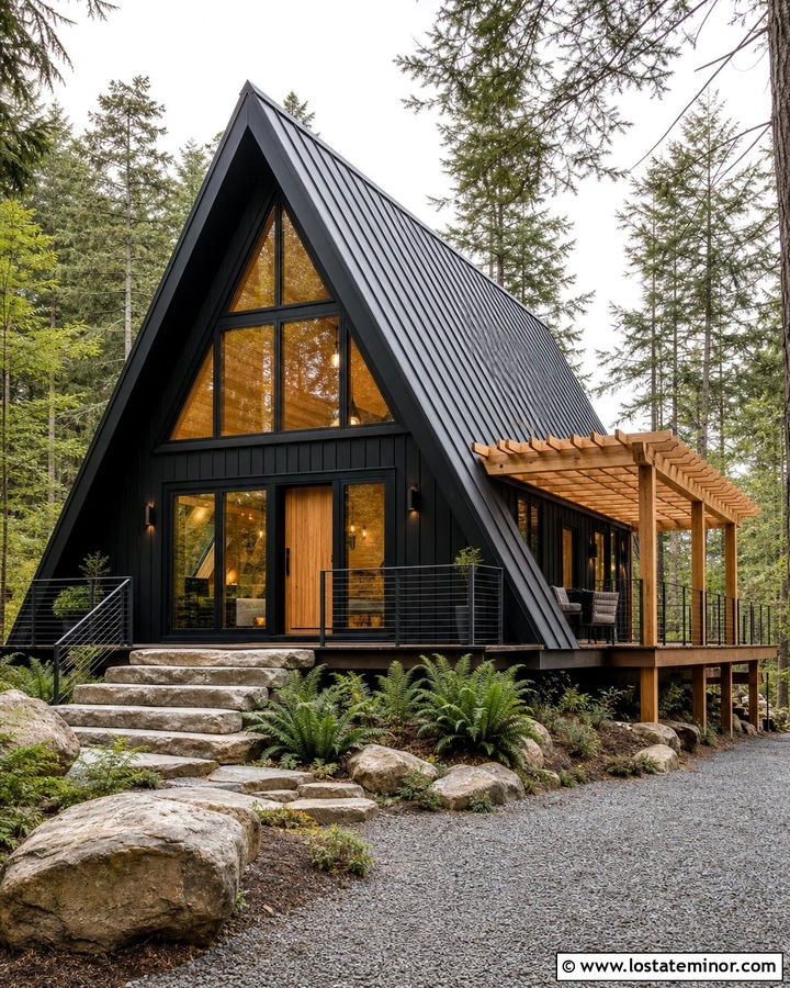 Jet Black A Frame House With Side Pergola - 30 Jet Black House Design With Pergola Ideas