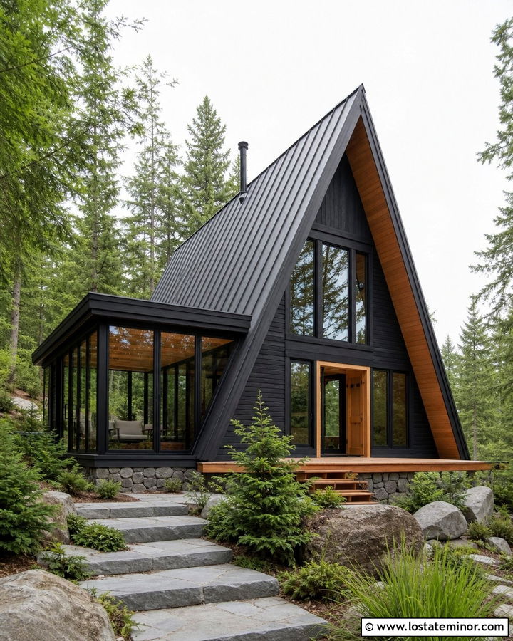 Jet Black A Frame House With Side Sunroom - 30 Jet Black House Design With Sunroom Ideas