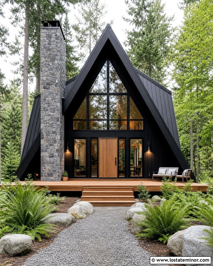 Jet Black A Frame House With Stone Chimney - 30 Jet Black House Design With Stone Accents Ideas