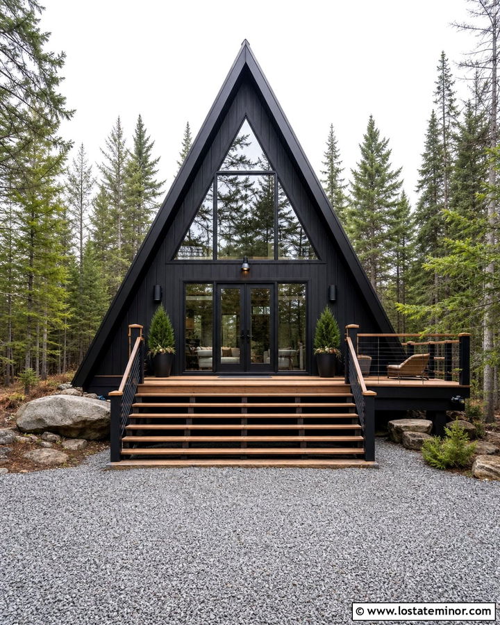 Jet Black A Frame House With Timber Steps - 30 Jet Black House Design With Steps Ideas