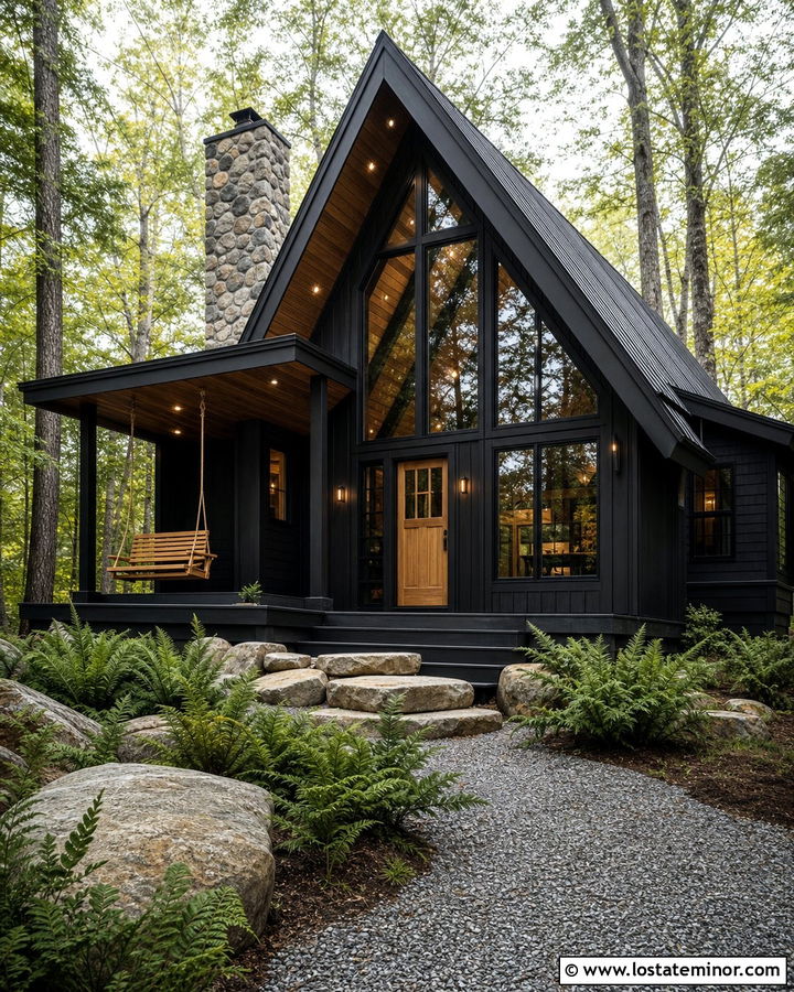 Jet Black A Frame House With Timber Swing - 30 Jet Black House Design With Swing Ideas