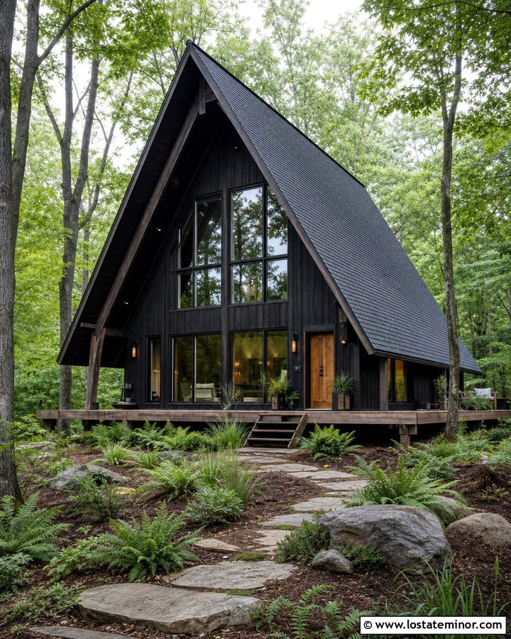 Jet Black A Frame House With Woodland Front Yard - 30 Jet Black House Design With Front Yard Ideas
