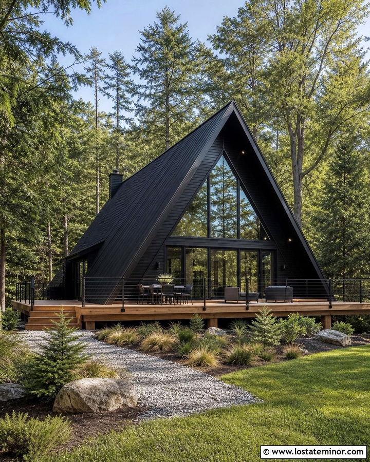 Jet Black A Frame House With Wraparound Deck - 30 Jet Black House Design With Backyard Ideas