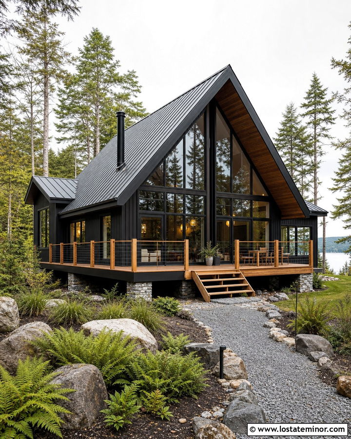 Jet Black A Frame Siding With Wood Deck - 30 Jet Black House Design With Siding Ideas