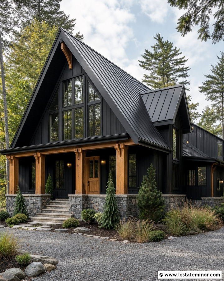 Jet Black A Frame With Cedar Porch Columns - 30 Jet Black House Design With Porch Columns Ideas