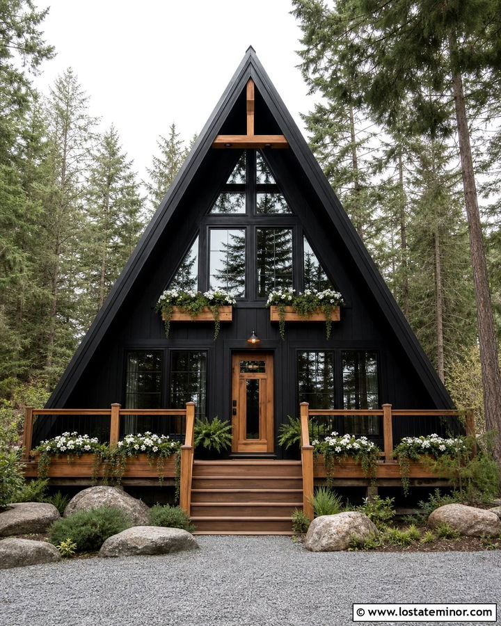 Jet Black A Frame With Cedar Window Boxes - 30 Jet Black House Design With Window Boxes Ideas