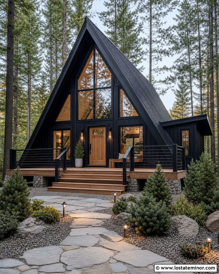Jet Black A Frame With Elevated Front Porch - 30 Jet Black House Design With Front Porch Ideas