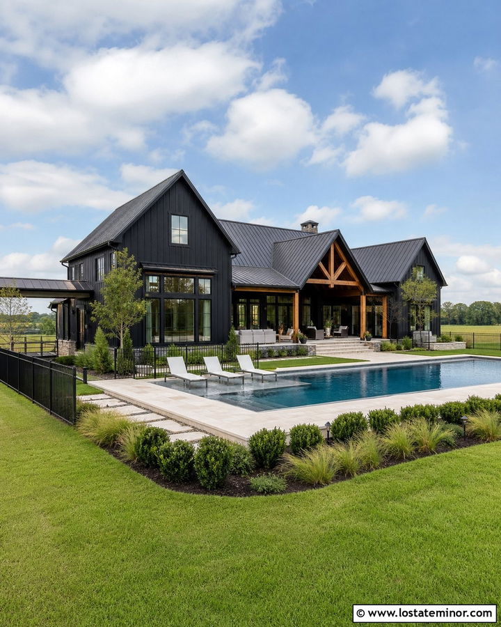 Jet Black Barn House With Large Pool - 30 Jet Black House Design With Swimming Pool Ideas