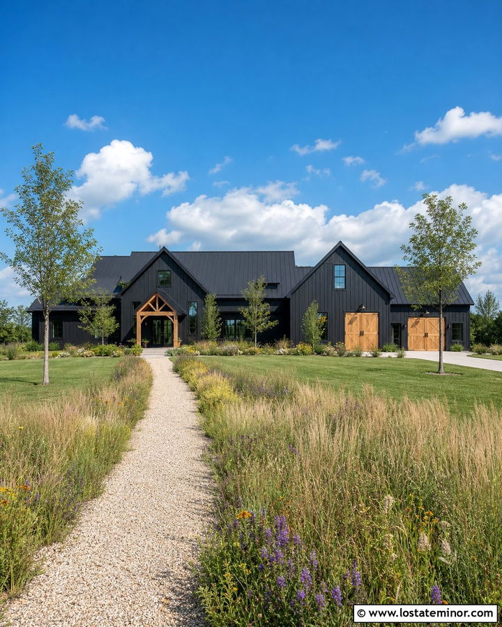 Jet Black Barn House With Meadow Front Yard - 30 Jet Black House Design With Front Yard Ideas