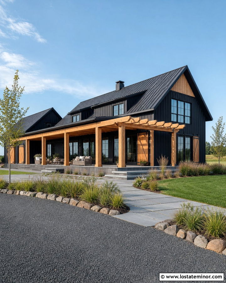 Jet Black Barn House With Oversized Pergola - 30 Jet Black House Design With Pergola Ideas