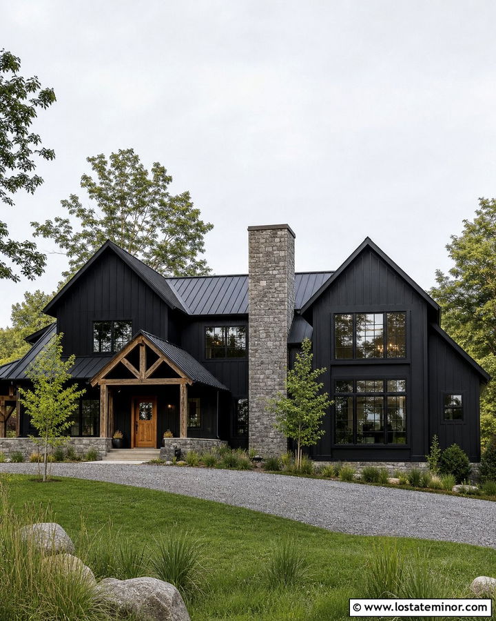 Jet Black Barn House With Stone Chimney - 30 Jet Black House Design With Chimney Ideas