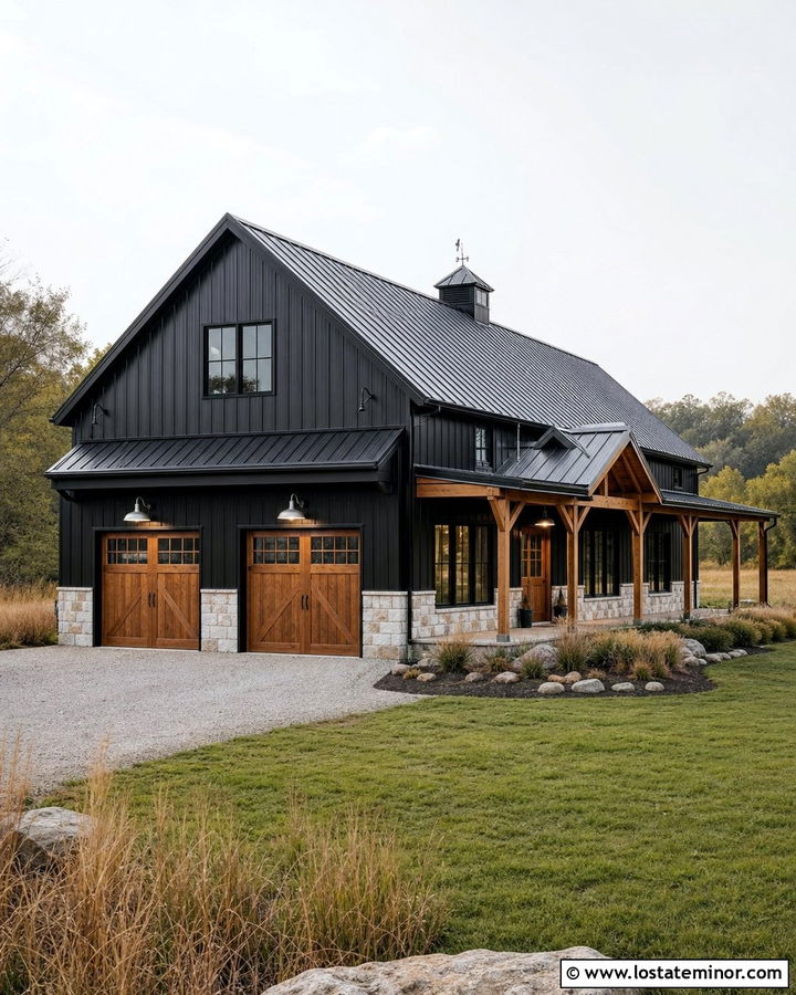 Jet Black Barndominium With Barn Lights - 30 Jet Black House Design With Lighting Ideas