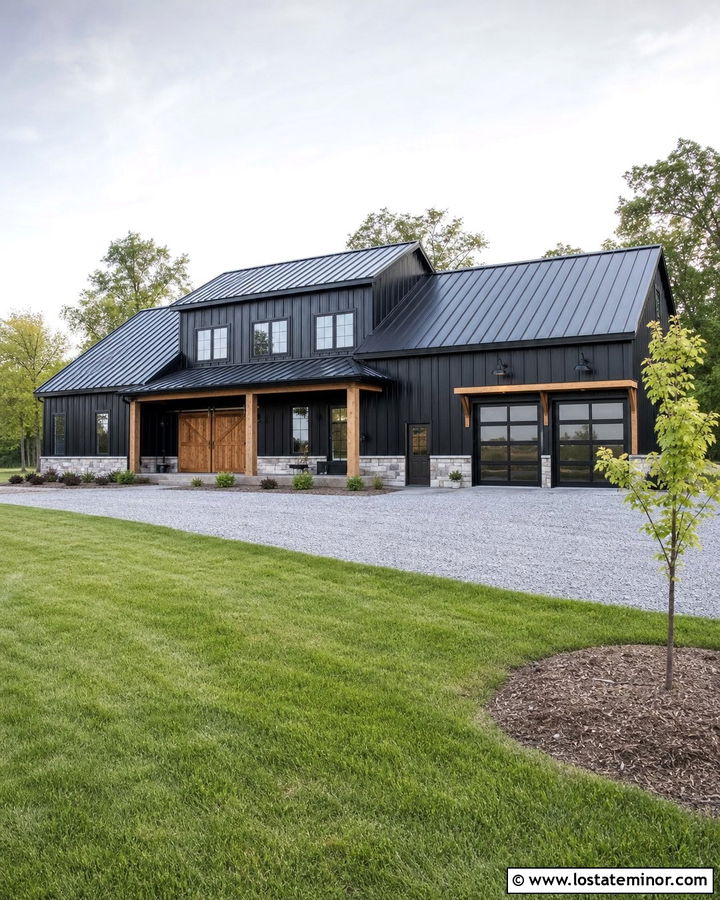 Jet Black Barndominium With Black Window Frames - 30 Jet Black House Design With Window Frames Ideas