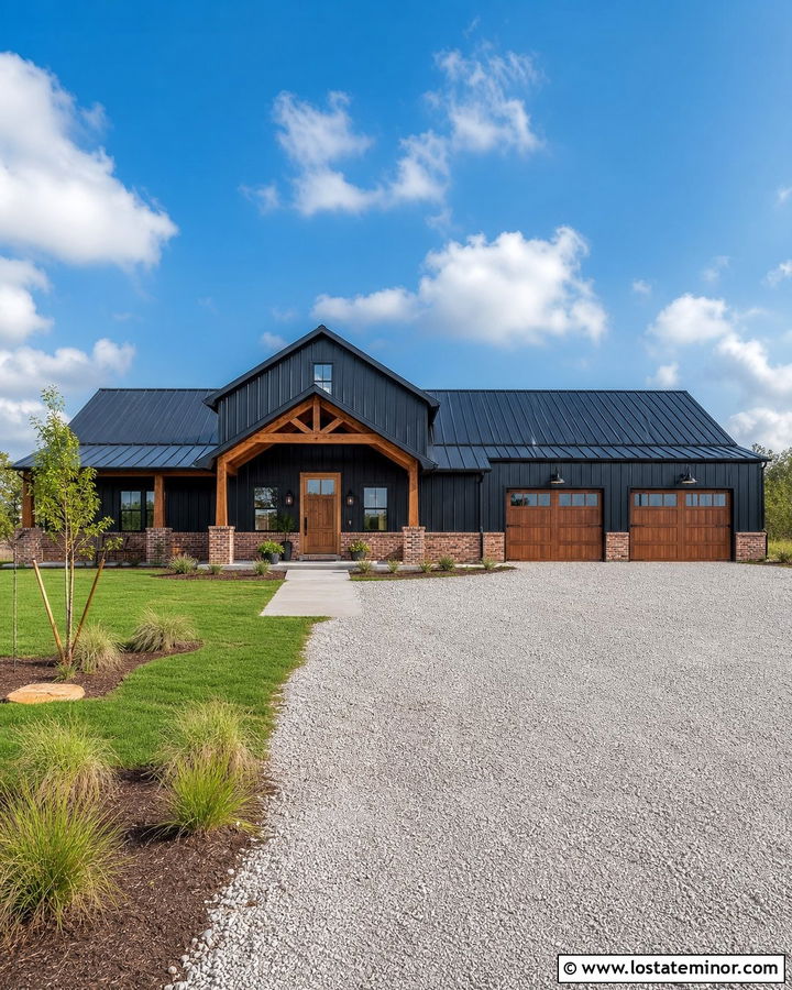 Jet Black Barndominium With Brick Base - 30 Jet Black House Design With Brick Accents Ideas
