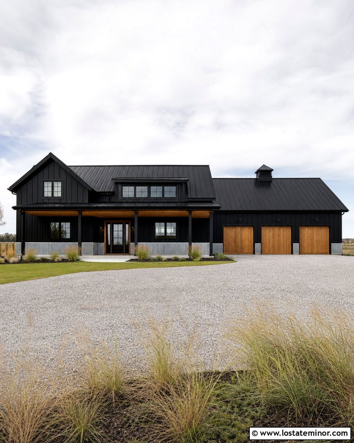 Jet Black Barndominium With Corrugated Metal Wainscoting - 30 Jet Black House Design With Wainscoting Ideas