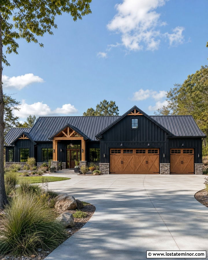 Jet Black Barndominium With Crossbuck Garage Door - 30 Jet Black House Design With Garage Door Ideas