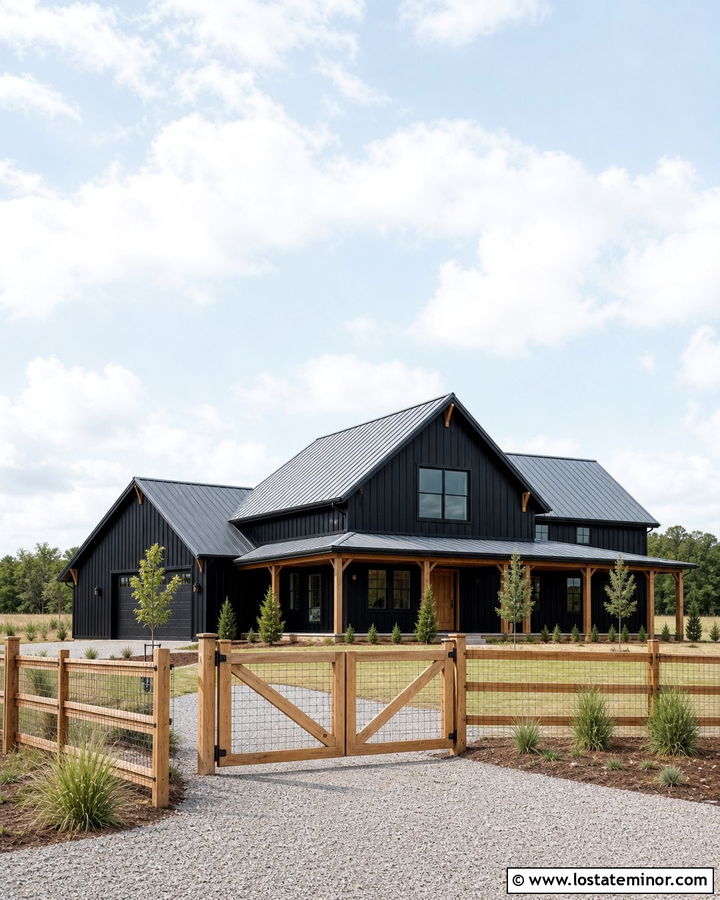 Jet Black Barndominium With Farm Fence - 30 Jet Black House Design With Fence Ideas