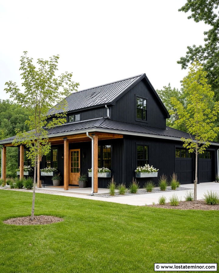 Jet Black Barndominium With Galvanized Window Boxes - 30 Jet Black House Design With Window Boxes Ideas