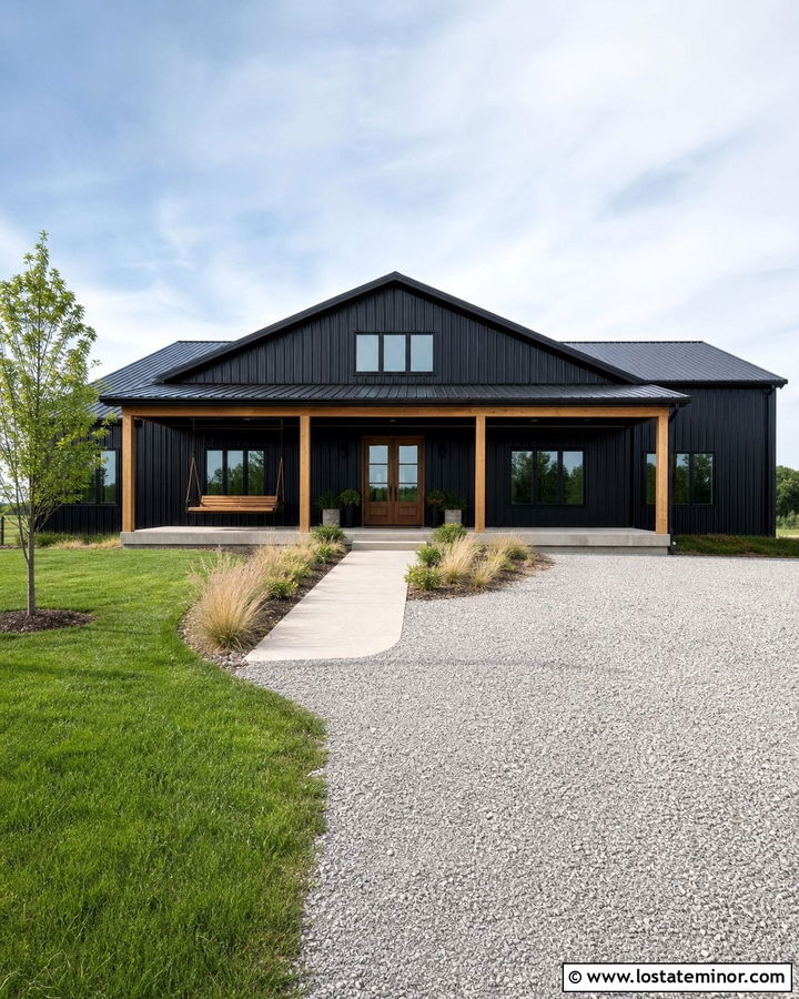 Jet Black Barndominium With Metal Frame Swing - 30 Jet Black House Design With Swing Ideas