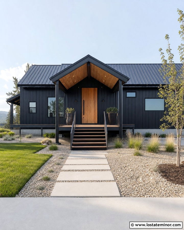 Jet Black Barndominium With Steel Framed Steps - 30 Jet Black House Design With Steps Ideas