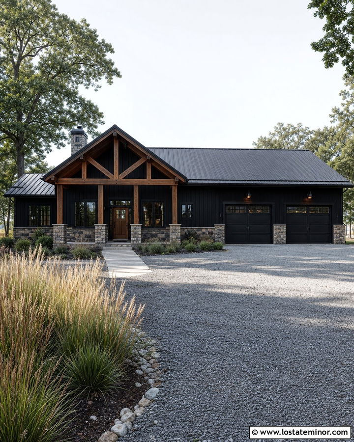 Jet Black Barndominium With Stone Wainscot - 30 Jet Black House Design With Stone Accents Ideas