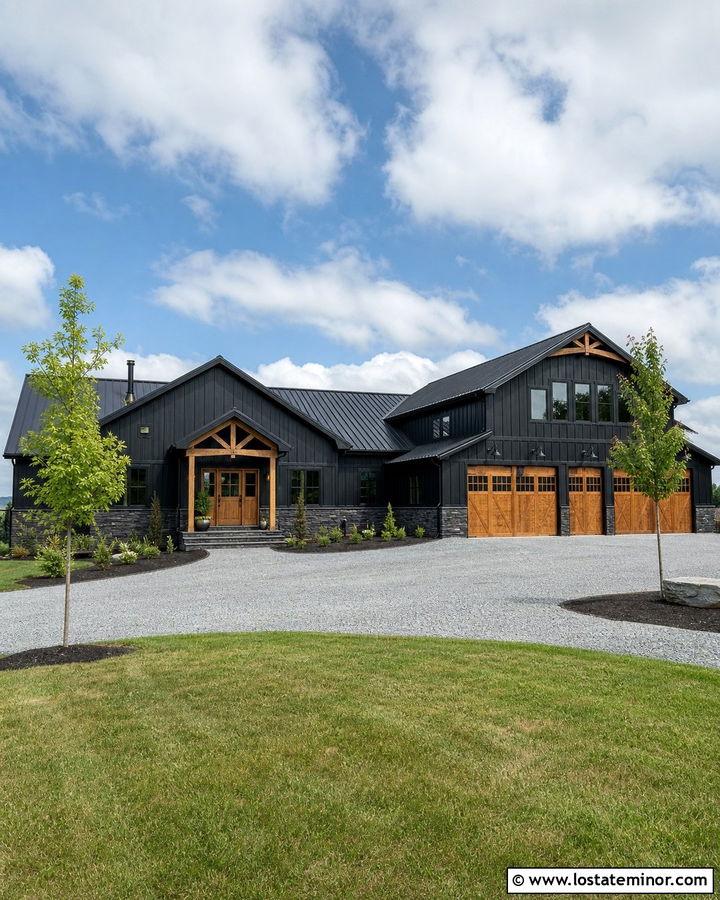 Jet Black Barndominium With Wood Garage Doors - 30 Jet Black House Design With Board and Batten Ideas
