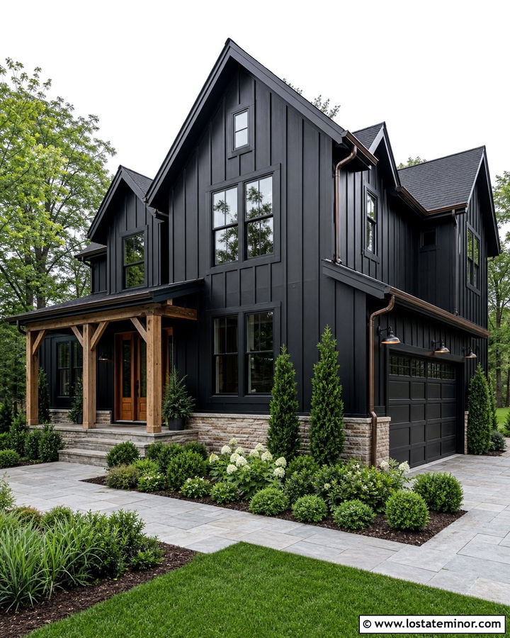 Jet Black Board And Batten House With Bronze Windows - 30 Jet Black House Design With Window Frames Ideas