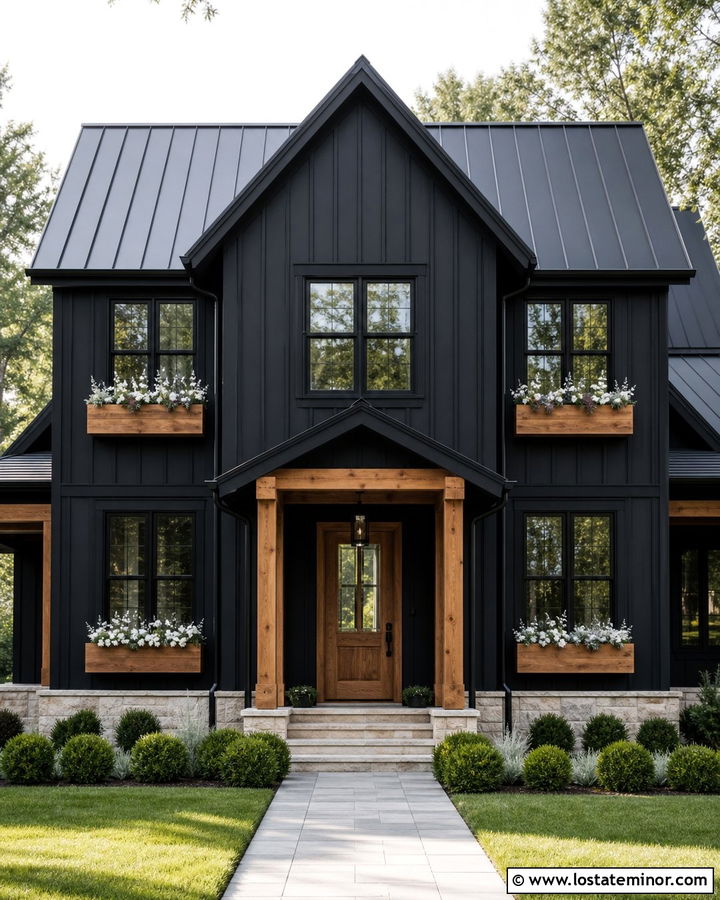 Jet Black Board And Batten House With Cedar Boxes - 30 Jet Black House Design With Window Boxes Ideas