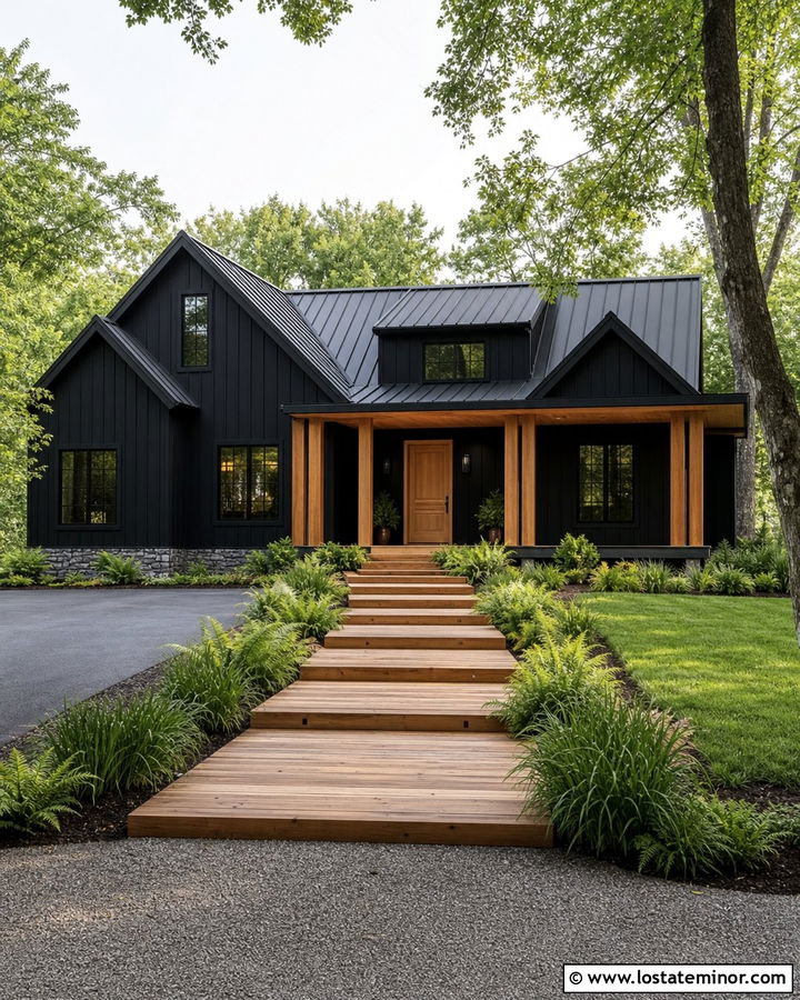 Jet Black Board And Batten House With Cedar Walkway - 30 Jet Black House Design With Walkway Ideas