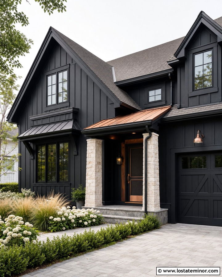 Jet Black Board And Batten House With Copper Screen Door - 30 Jet Black House Design With Screen Door Ideas