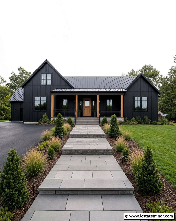 Jet Black Board And Batten House With Paver Steps - 30 Jet Black House Design With Steps Ideas