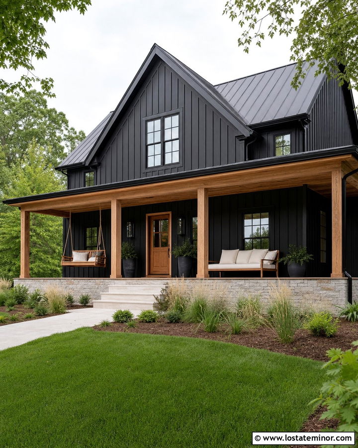 Jet Black Board And Batten House With Porch Swing - 30 Jet Black House Design With Front Porch Ideas