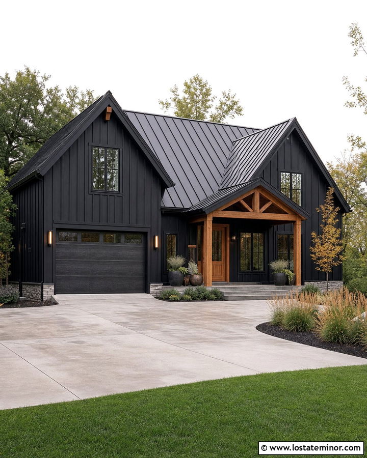 Jet Black Board And Batten House With Steel Garage Door - 30 Jet Black House Design With Garage Door Ideas