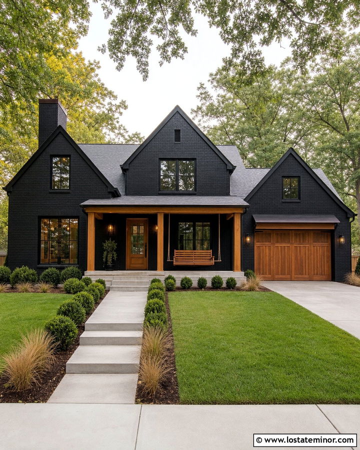 Jet Black Brick House With Cedar Swing - 30 Jet Black House Design With Swing Ideas