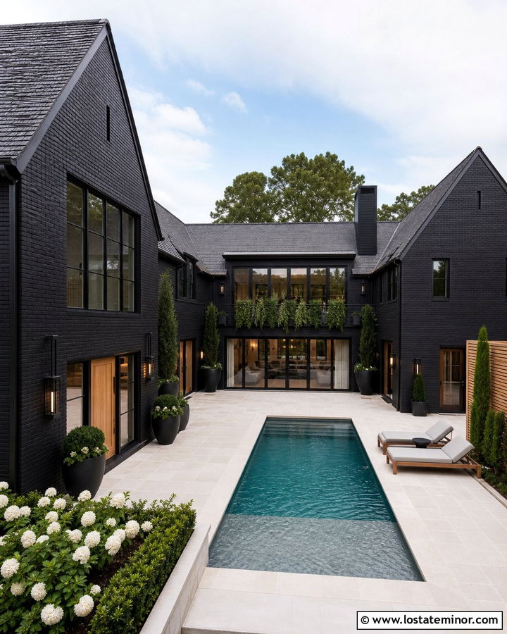 Jet Black Brick House With Courtyard Pool - 30 Jet Black House Design With Swimming Pool Ideas