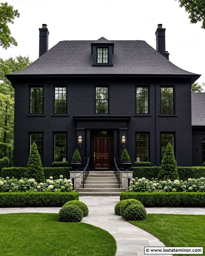Jet Black Brick House With Curved Stone Steps - 30 Jet Black House Design With Steps Ideas