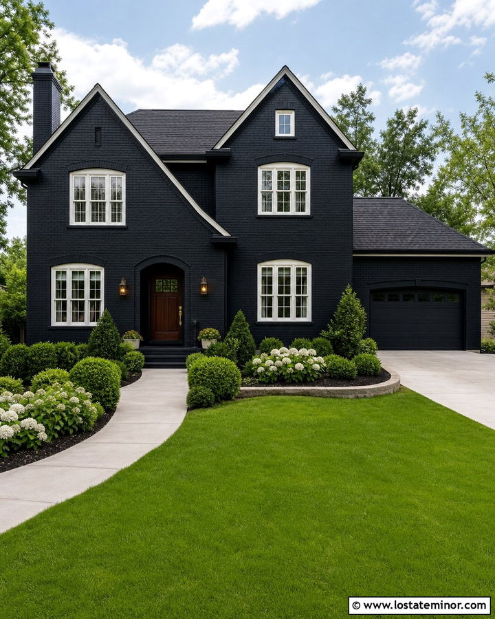Jet Black Brick House With Green Lawn - 30 Jet Black House Design With Front Yard Ideas