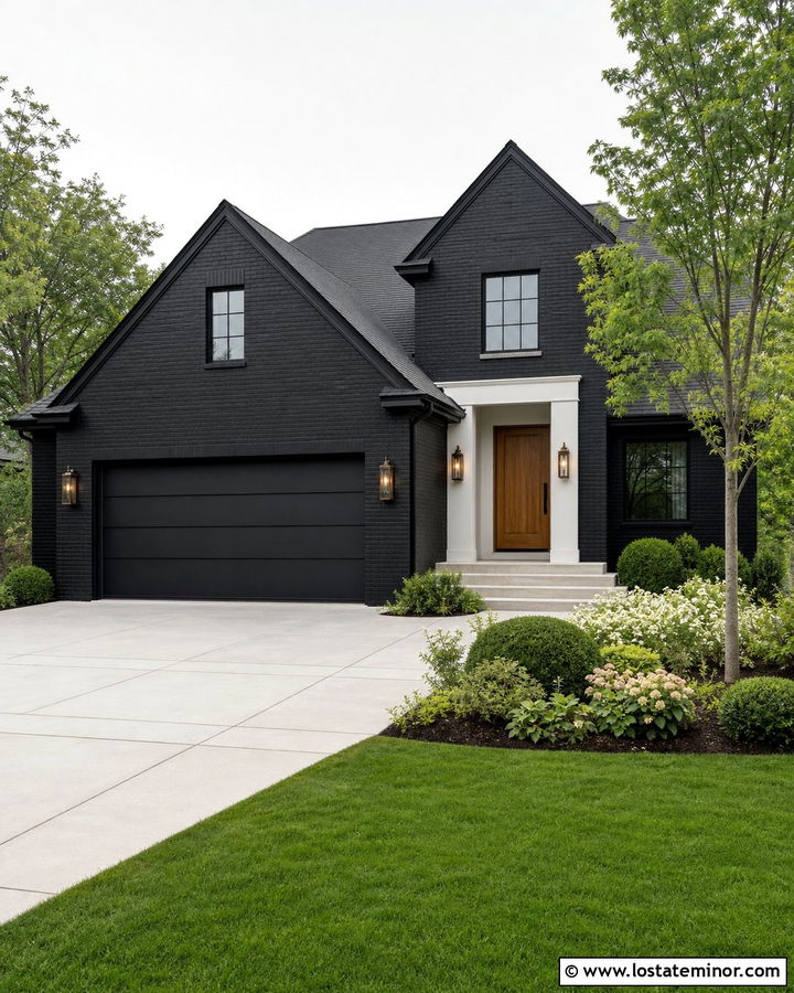 Jet Black Brick House With Matching Black Garage Door - 30 Jet Black House Design With Garage Door Ideas