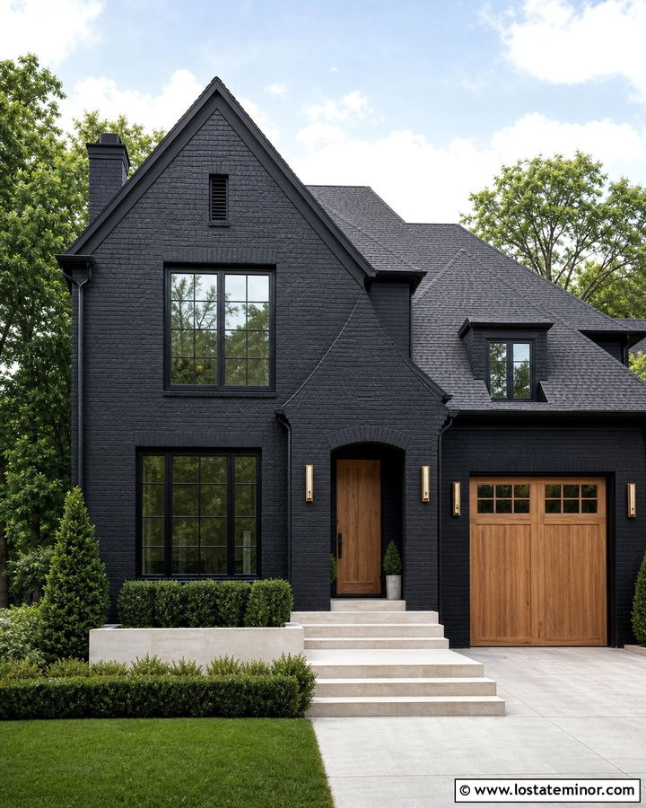 Jet Black Brick House With Modern Box Sconces - 30 Jet Black House Design With Light Fixtures Ideas