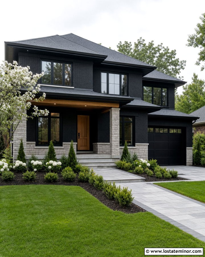 Jet Black Brick House With Stone Wainscoting - 30 Jet Black House Design With Wainscoting Ideas